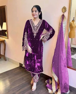 Women's Viscose Velvet With Embroidery Sequence Work Kurti With Palazzo and Dupatta Set - Voodoo, XL