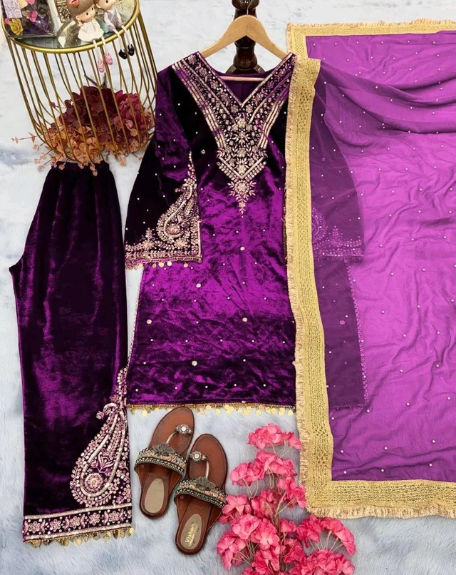 Women's Viscose Velvet With Embroidery Sequence Work Kurti With Palazzo and Dupatta Set - Voodoo, XL