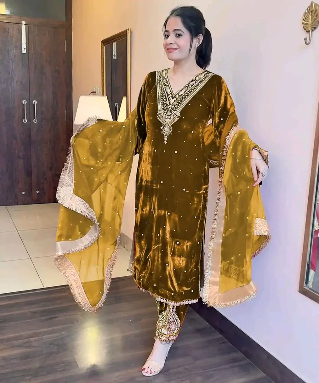 Women's Viscose Velvet With Embroidery Sequence Work Kurti With Palazzo and Dupatta Set - Horses Neck, XXL