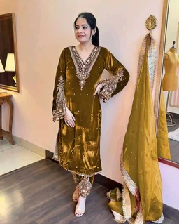 Women's Viscose Velvet With Embroidery Sequence Work Kurti With Palazzo and Dupatta Set - Horses Neck, XXL