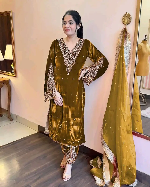Women's Viscose Velvet With Embroidery Sequence Work Kurti With Palazzo and Dupatta Set - Horses Neck, XXL