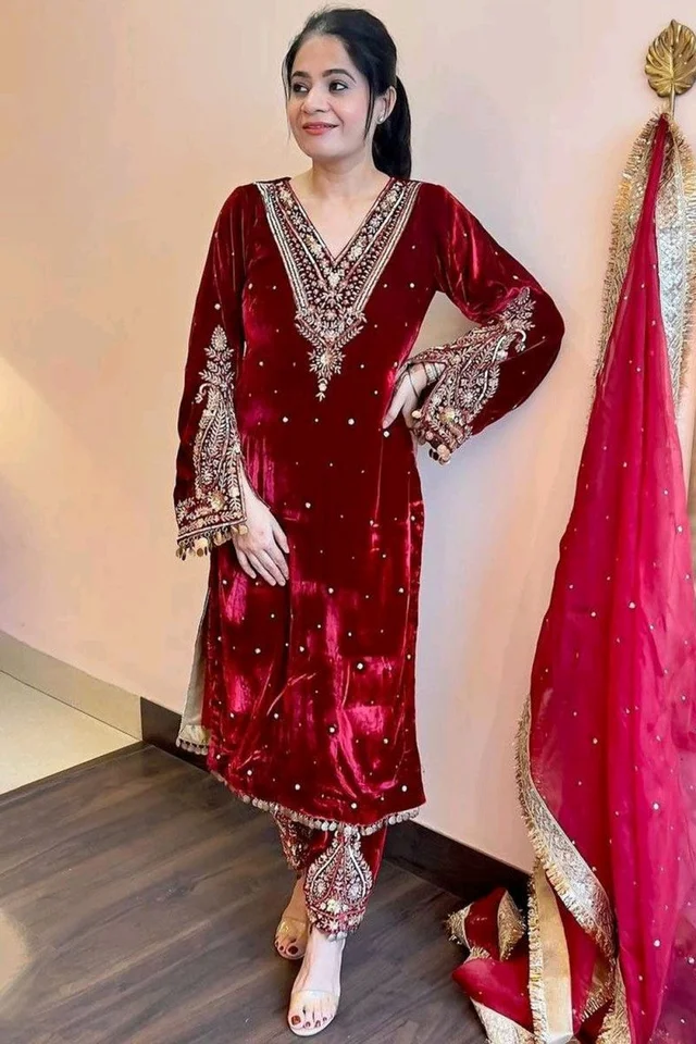 Women's Viscose Velvet With Embroidery Sequence Work Kurti With Palazzo and Dupatta Set - Bulgarian Rose, XL