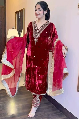 Women's Viscose Velvet With Embroidery Sequence Work Kurti With Palazzo and Dupatta Set - Bulgarian Rose, XL