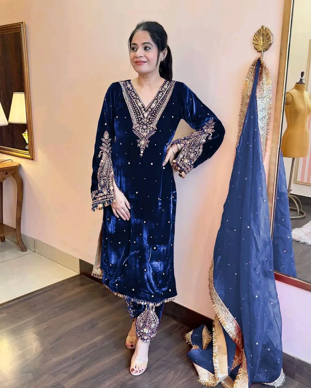 Women's Viscose Velvet With Embroidery Sequence Work Kurti With Palazzo and Dupatta Set - Black Pearl, XL