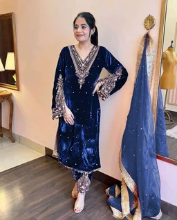 Women's Viscose Velvet With Embroidery Sequence Work Kurti With Palazzo and Dupatta Set - Black Pearl, XL