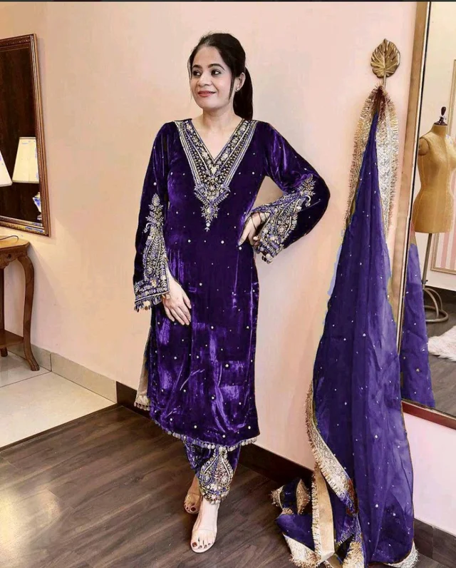 Women's Viscose Velvet With Embroidery Sequence Work Kurti With Palazzo and Dupatta Set - Jagger, XXL