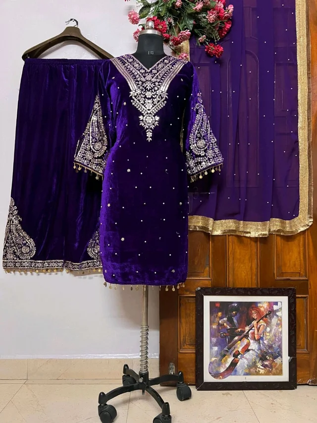Women's Viscose Velvet With Embroidery Sequence Work Kurti With Palazzo and Dupatta Set - Jagger, XXL