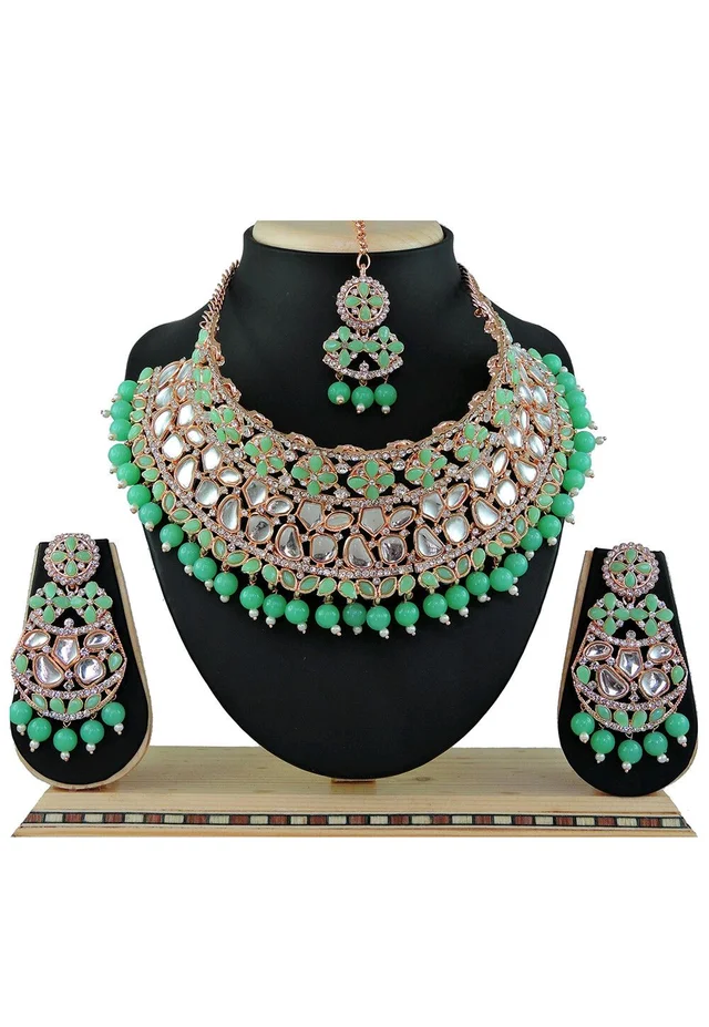 Kundan Choker Necklace Set - Ocean Green