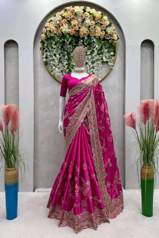 Pink Color Sequence Work Japan Satin Wedding Wear Saree Blouse - Free Size, pink