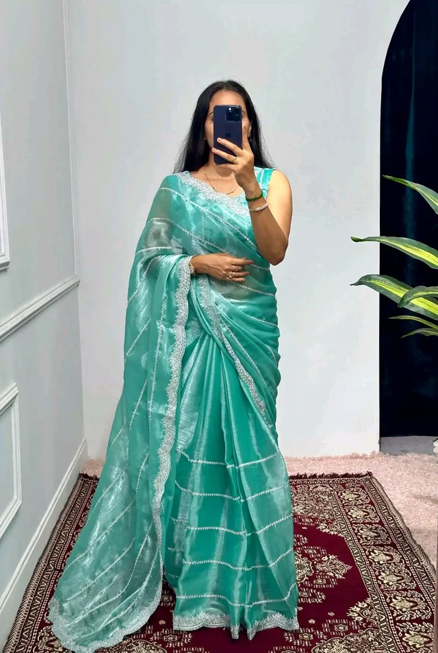 Burbary Jimmy Choo Fabric Embroidered Work Saree* - Dark Green Blue
