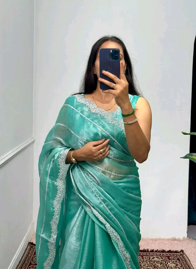 Burbary Jimmy Choo Fabric Embroidered Work Saree* - Dark Green Blue