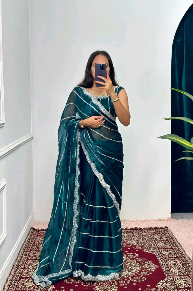 Burbary Jimmy Choo Fabric Embroidered Work Saree* - Navy