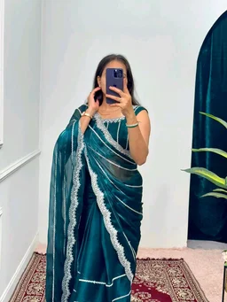 Burbary Jimmy Choo Fabric Embroidered Work Saree* - Navy