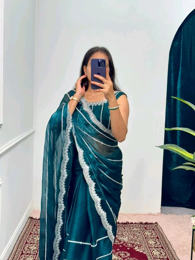 Burbary Jimmy Choo Fabric Embroidered Work Saree* - Navy