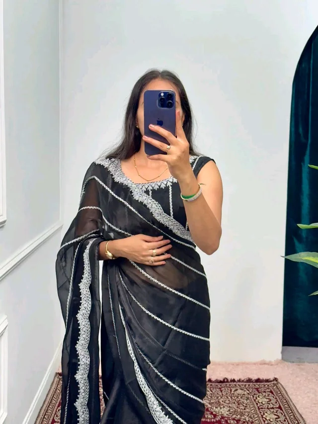 Burbary Jimmy Choo Fabric Embroidered Work Saree* - Dark Grey