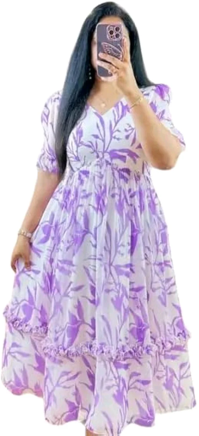 Women Georgette Floral Print Anarkali Kurta for Women Anarkali Kurti for Women Floral Print Fit & Flare Dress - Electric Violet, L
