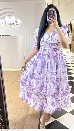 Women Georgette Floral Print Anarkali Kurta for Women Anarkali Kurti for Women Floral Print Fit & Flare Dress - Electric Violet, L