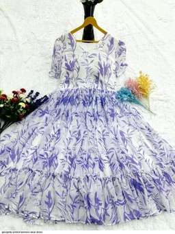 Women Georgette Floral Print Anarkali Kurta for Women Anarkali Kurti for Women Floral Print Fit & Flare Dress - Electric Violet, L