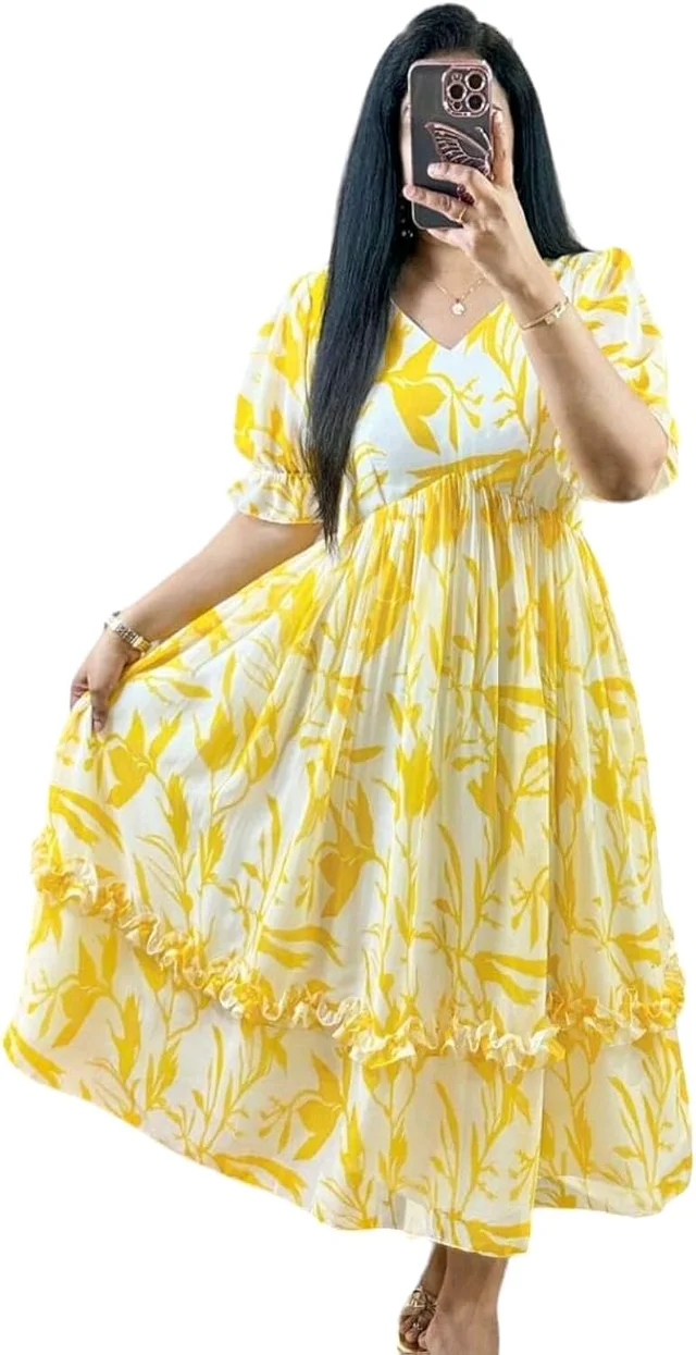 Women Georgette Floral Print Anarkali Kurta for Women Anarkali Kurti for Women Floral Print Fit & Flare Dress - Yellow, L