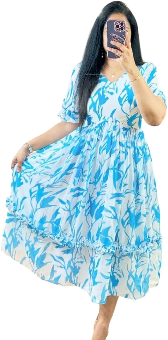 Women Georgette Floral Print Anarkali Kurta for Women Anarkali Kurti for Women Floral Print Fit & Flare Dress - Seagull, L