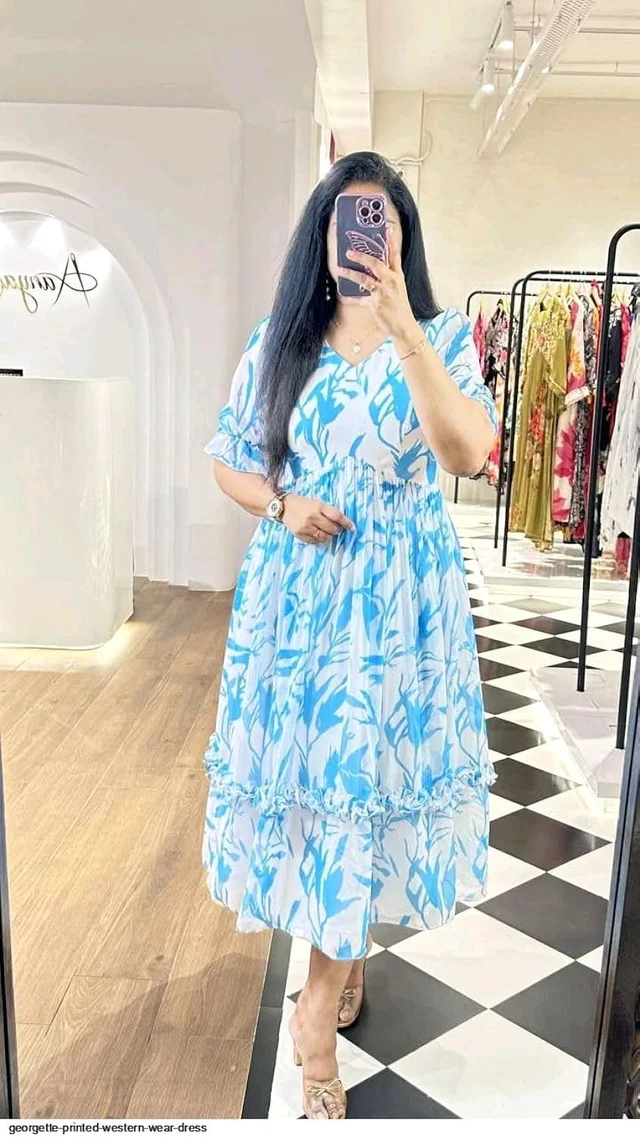 Women Georgette Floral Print Anarkali Kurta for Women Anarkali Kurti for Women Floral Print Fit & Flare Dress - Seagull, L