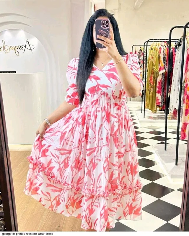 Women Georgette Floral Print Anarkali Kurta for Women Anarkali Kurti for Women Floral Print Fit & Flare Dress - Red, M