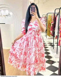 Women Georgette Floral Print Anarkali Kurta for Women Anarkali Kurti for Women Floral Print Fit & Flare Dress - Red, S