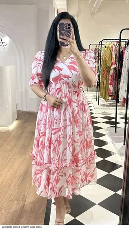 Women Georgette Floral Print Anarkali Kurta for Women Anarkali Kurti for Women Floral Print Fit & Flare Dress - Red, S