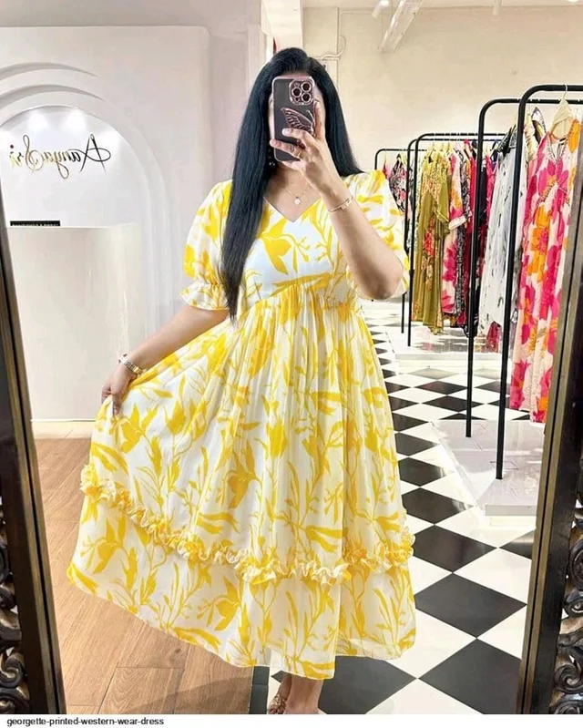 Women Georgette Floral Print Anarkali Kurta for Women Anarkali Kurti for Women Floral Print Fit & Flare Dress - Yellow, S