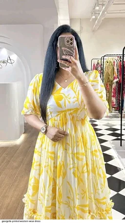 Women Georgette Floral Print Anarkali Kurta for Women Anarkali Kurti for Women Floral Print Fit & Flare Dress - Yellow, S