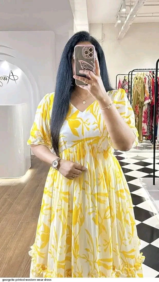 Women Georgette Floral Print Anarkali Kurta for Women Anarkali Kurti for Women Floral Print Fit & Flare Dress - Yellow, S