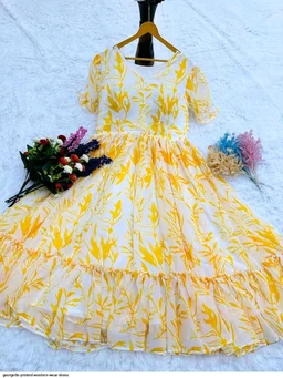 Women Georgette Floral Print Anarkali Kurta for Women Anarkali Kurti for Women Floral Print Fit & Flare Dress - Yellow, S
