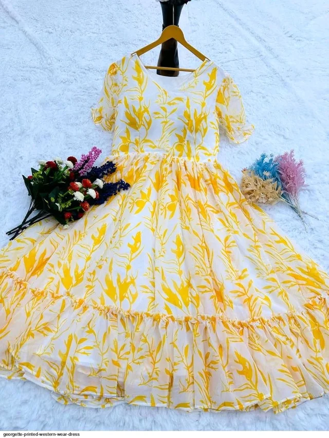 Women Georgette Floral Print Anarkali Kurta for Women Anarkali Kurti for Women Floral Print Fit & Flare Dress - Yellow, XL