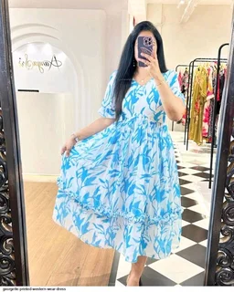 Women Georgette Floral Print Anarkali Kurta for Women Anarkali Kurti for Women Floral Print Fit & Flare Dress - Seagull, XL