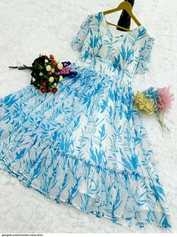 Women Georgette Floral Print Anarkali Kurta for Women Anarkali Kurti for Women Floral Print Fit & Flare Dress - Seagull, XL