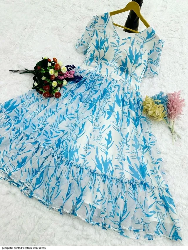Women Georgette Floral Print Anarkali Kurta for Women Anarkali Kurti for Women Floral Print Fit & Flare Dress - Seagull, XL
