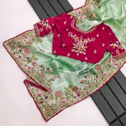 Saree For Women Heavy Jimmy Choo fabric multi embroidery threads,coding and sequence $ fancy cutwork in work with piping border (Beige) - Pista, Free Size