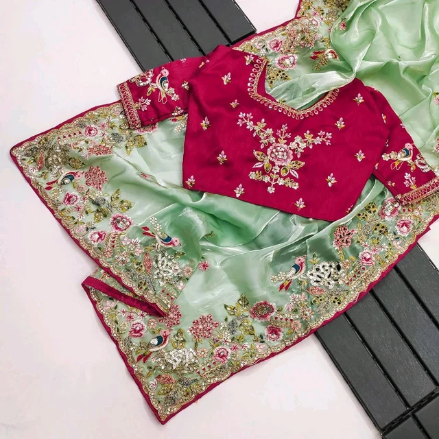Saree For Women Heavy Jimmy Choo fabric multi embroidery threads,coding and sequence $ fancy cutwork in work with piping border (Beige) - Pista, Free Size