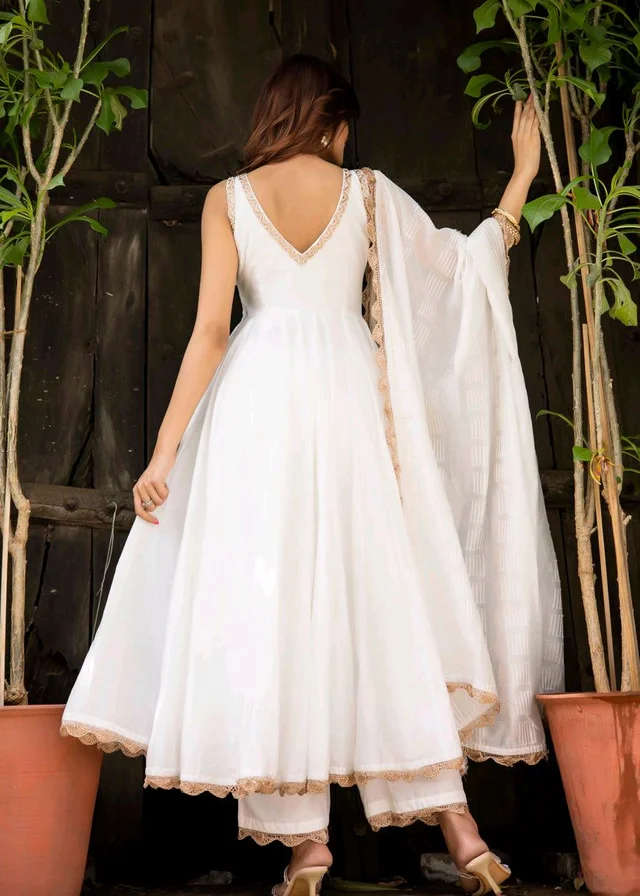 Lace Border Pure Chanderi Silk Anarkali Suit in White - White, M