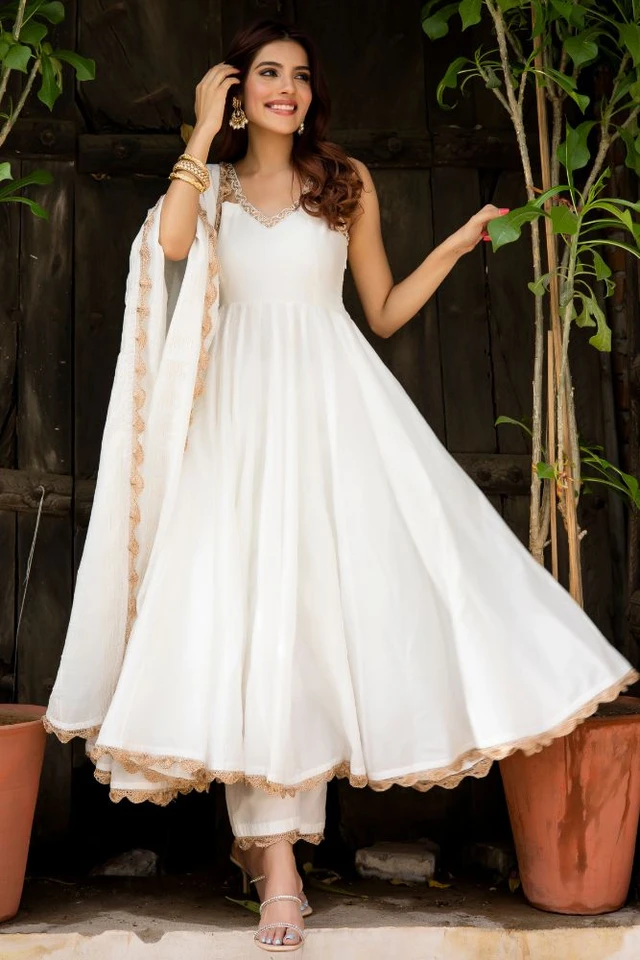 Lace Border Pure Chanderi Silk Anarkali Suit in White - White, S