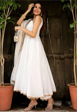 Lace Border Pure Chanderi Silk Anarkali Suit in White - White, S