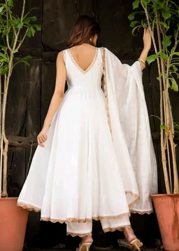 Lace Border Pure Chanderi Silk Anarkali Suit in White - White, S