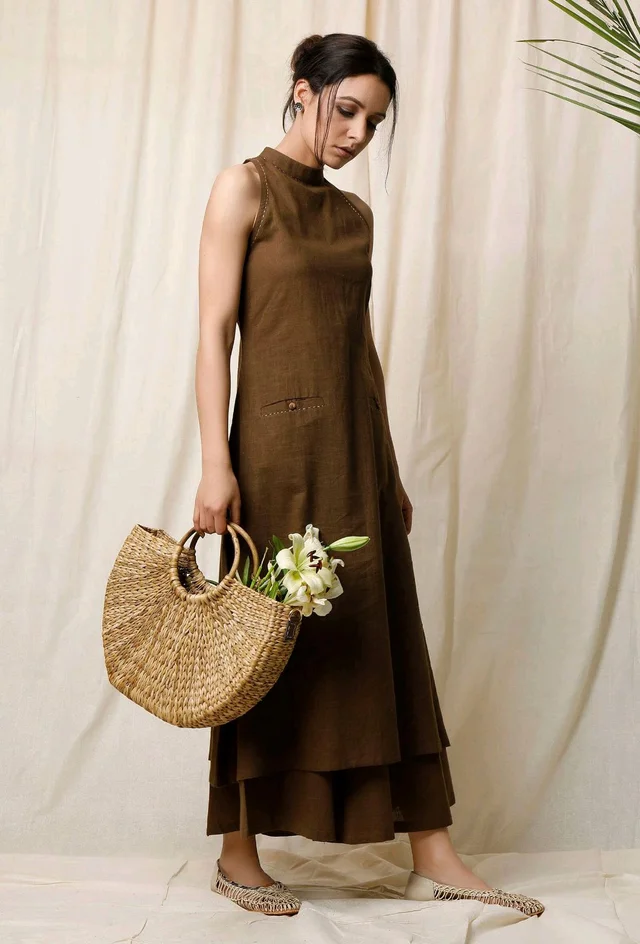 Mehendi Halter Neck Kurta & Cotton Culottes - Irish Coffee, L