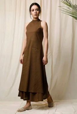 Mehendi Halter Neck Kurta & Cotton Culottes - Irish Coffee, L