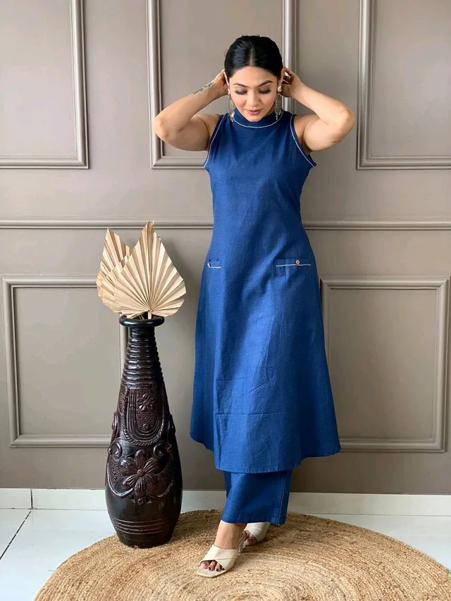 Mehendi Halter Neck Kurta & Cotton Culottes - Chambray, L