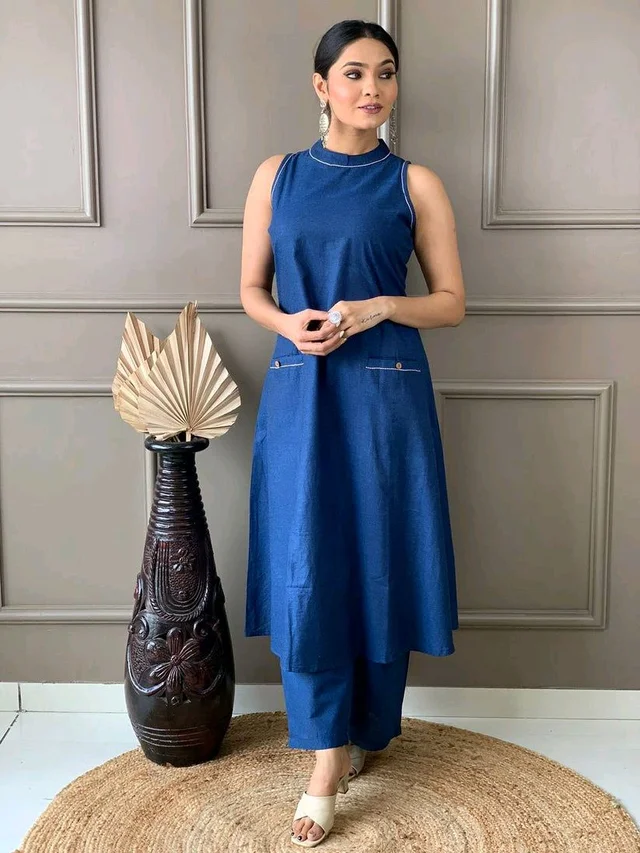 Mehendi Halter Neck Kurta & Cotton Culottes - Chambray, M