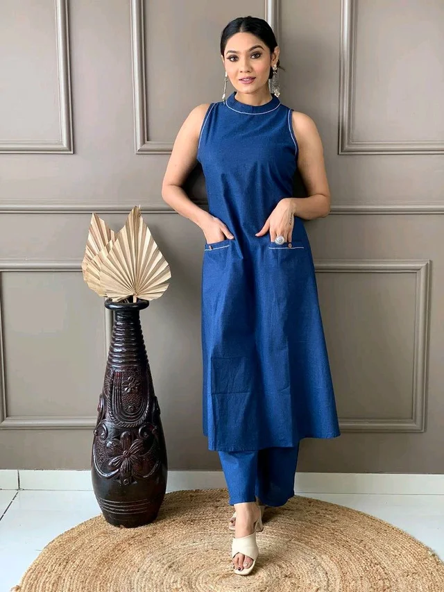 Mehendi Halter Neck Kurta & Cotton Culottes - Chambray, M