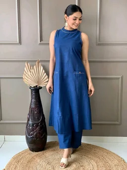 Mehendi Halter Neck Kurta & Cotton Culottes - Chambray, M
