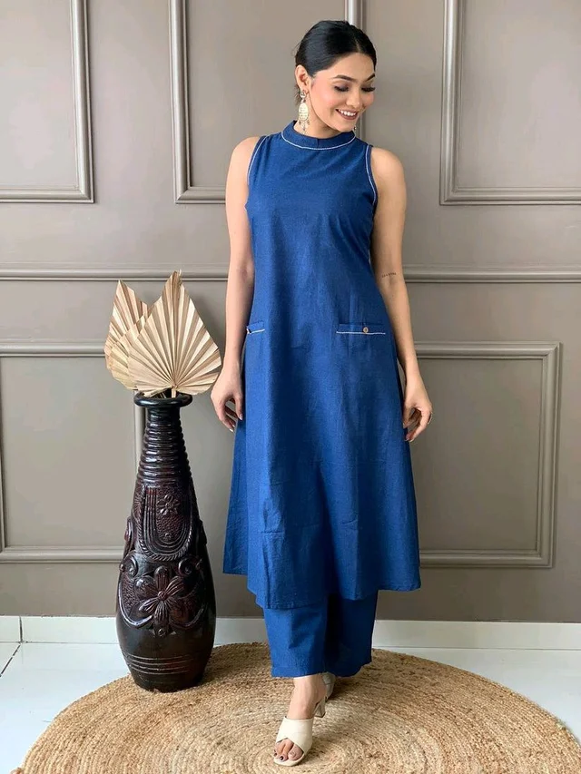 Mehendi Halter Neck Kurta & Cotton Culottes - Chambray, M