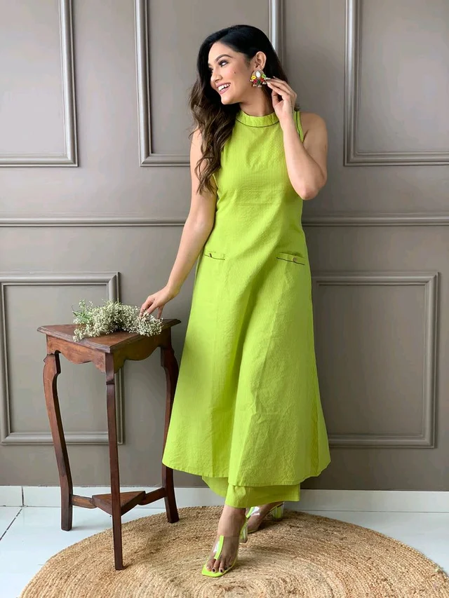 Mehendi Halter Neck Kurta & Cotton Culottes - Wasabi, M